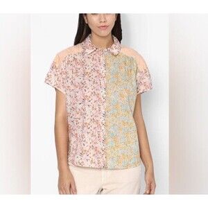 Vtg Cottagecore Grandmillenial Blouse S Floral Patchwork Cotton Button-Up 80s